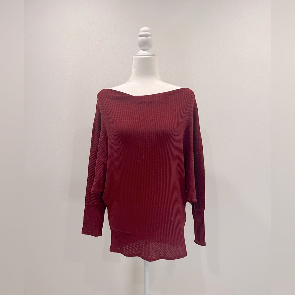 Vine & Love Dark Red Waffle Knit Off the Shoulder Top, Size M